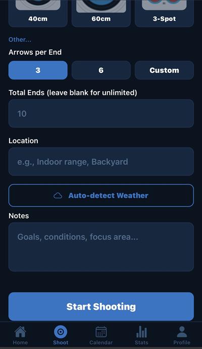 New Session setup scrolled — arrows per end, total ends, location, weather, notes